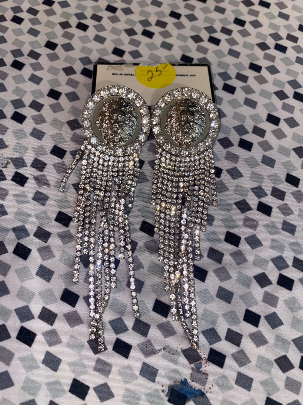 Silver Crystal Fringe Lion Medallion Drop Earrings - Women Jewelry